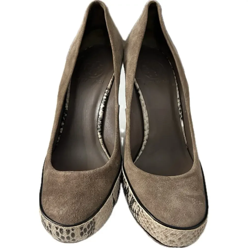 Tory Burch Sandra Pump Women's Size 8 Brown Leather Wedge Heel Platform Phython